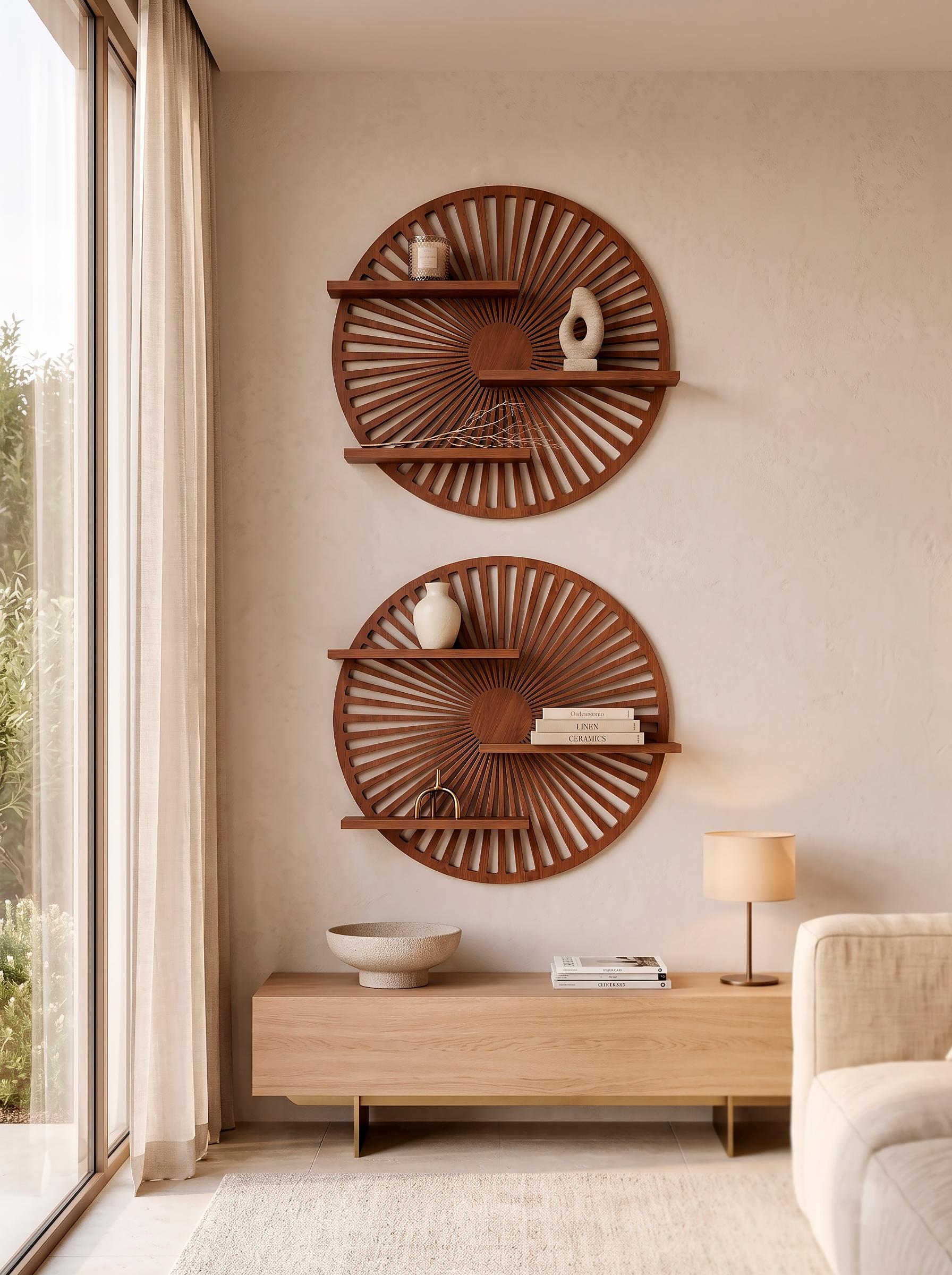 Smoked Walnut Round Wall Shelf | Sculptural Floating Shelf | Wooden Wall Decor