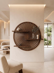 Smoked Walnut Round Wall Shelf | Sculptural Floating Shelf | Wooden Wall Decor