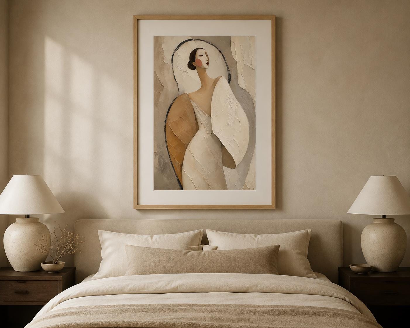 Neutral Abstract Woman Wall Art, Textured Feminine Portrait, Beige Wabi Sabi Print, Modern Bedroom Decor, Digital Download