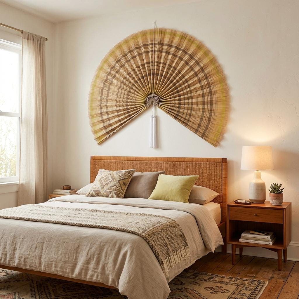 Large Natural Bamboo Wall Fan Decor, Boho Japandi Woven Wall Hanging