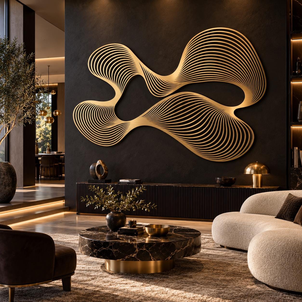 Gold Kinetic Abstract Metal Wall Art, Large Flowing Line Wall Sculpture, Modern Statement Wall Decor, Optical Illusion Living Room Wall Art