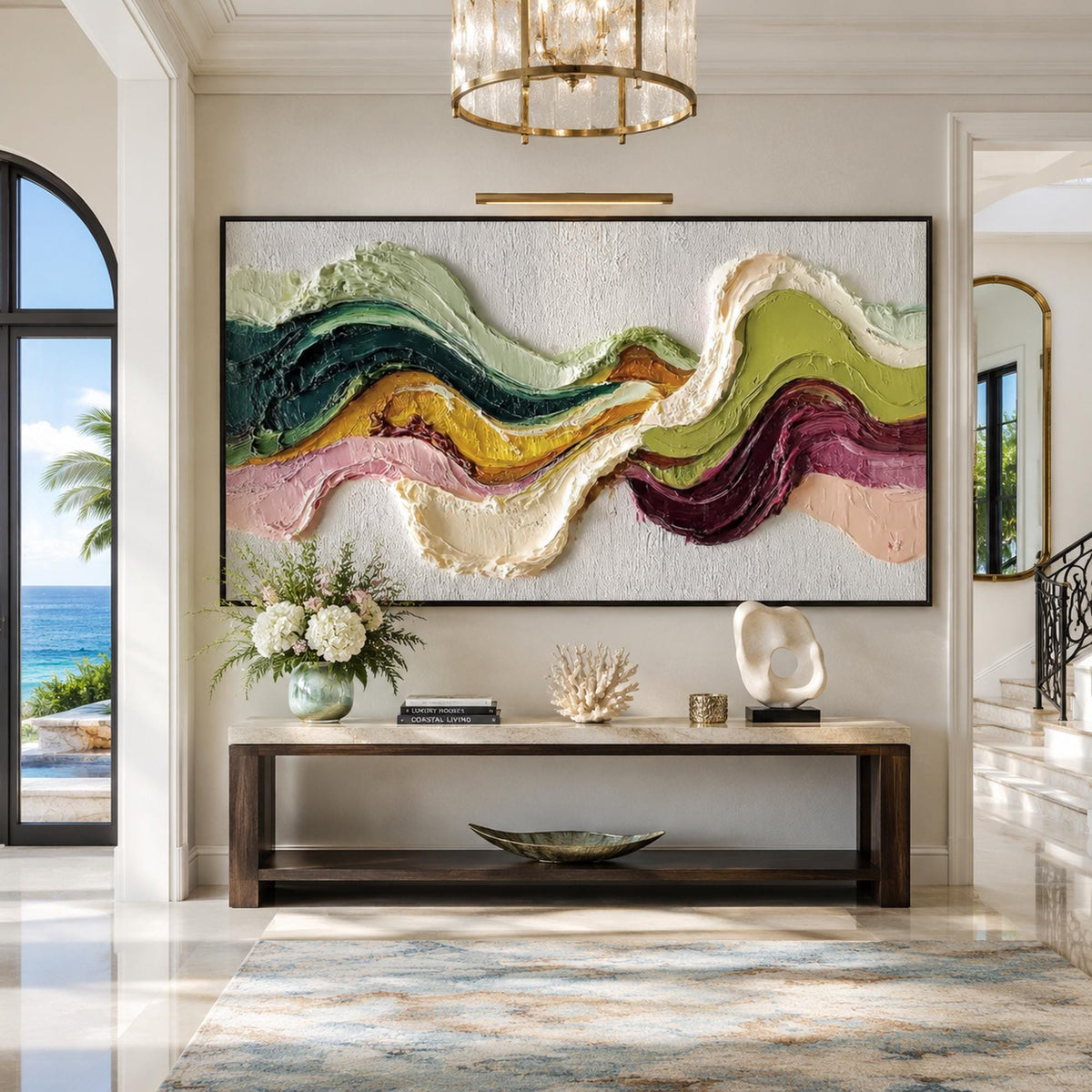 Large Colorful Abstract Wave Painting, Earth Tone 3D Textured Canvas Wall Art, Boho Wabi Sabi Home Decor For Modern Living Room